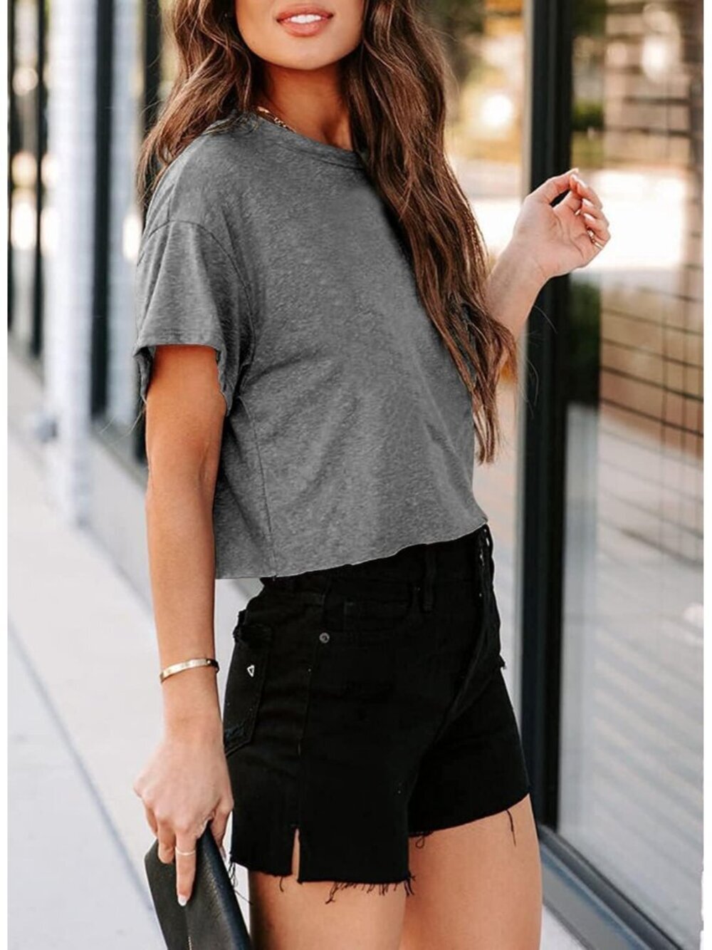 〽️Women's Grey Short Sleeve Crew Neck Loose Casual Drop Shoulder Crop Tops
